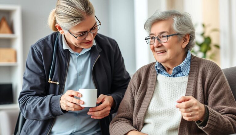une personne âgée avec une dame de compagnie qui lui apporte le café