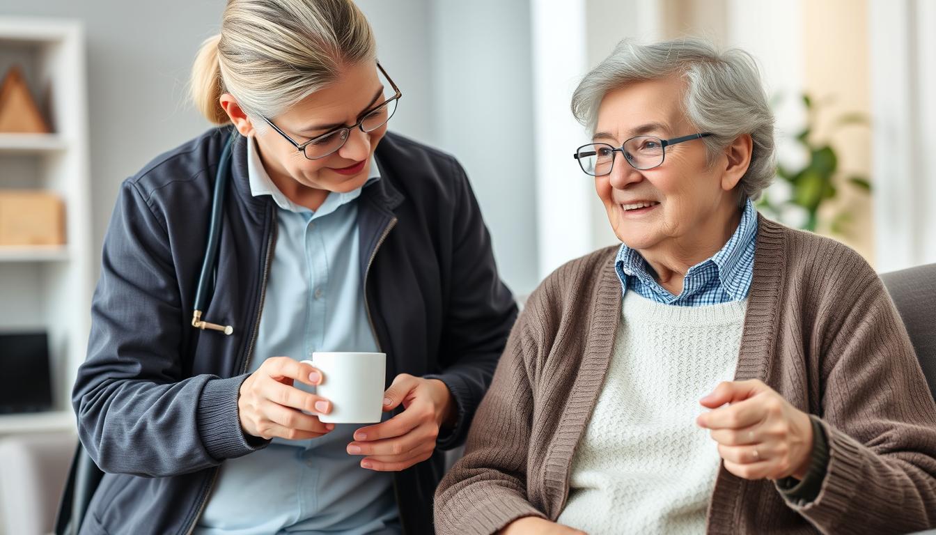 une personne âgée avec une dame de compagnie qui lui apporte le café